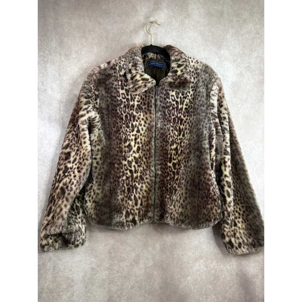VTG Y2K Karen Scott Faux Fur Jacket Womens L Brown Leopard Print Full Zip
